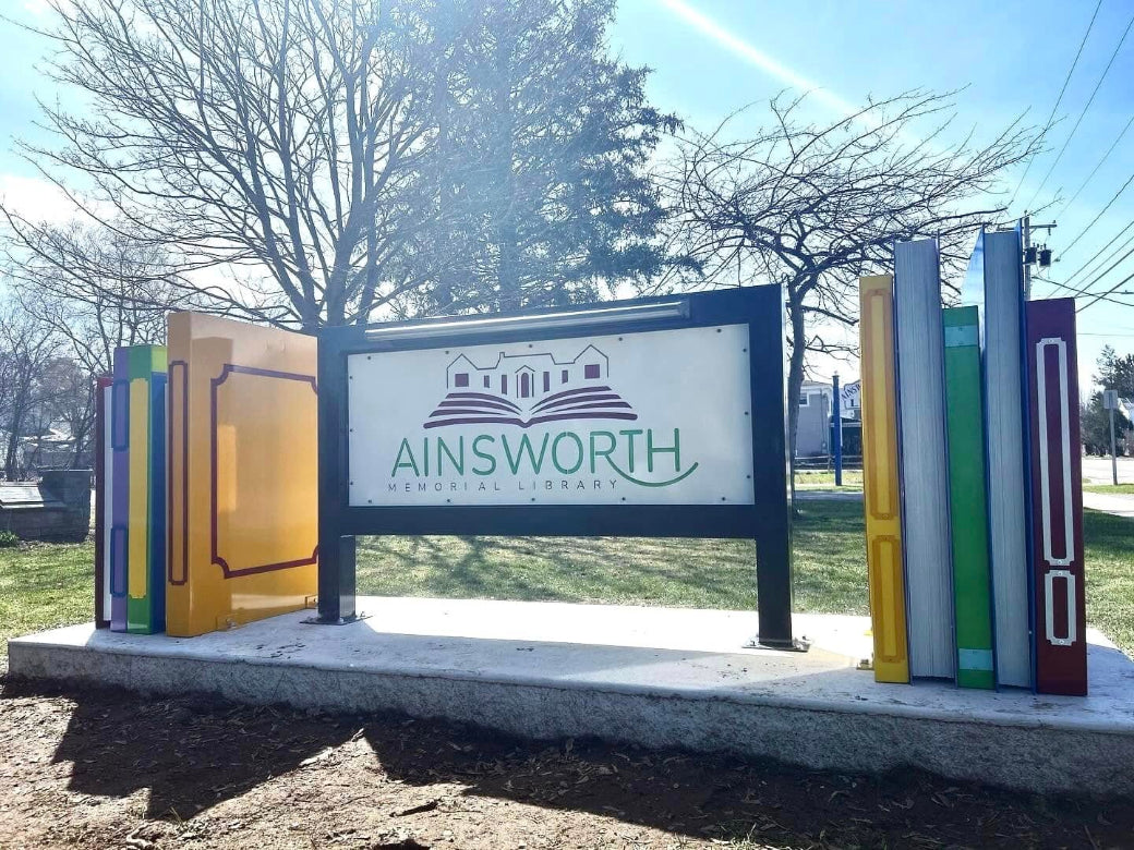Library Sign and Book Sculptures, Unique Library Sign, Outdoor Library Sign