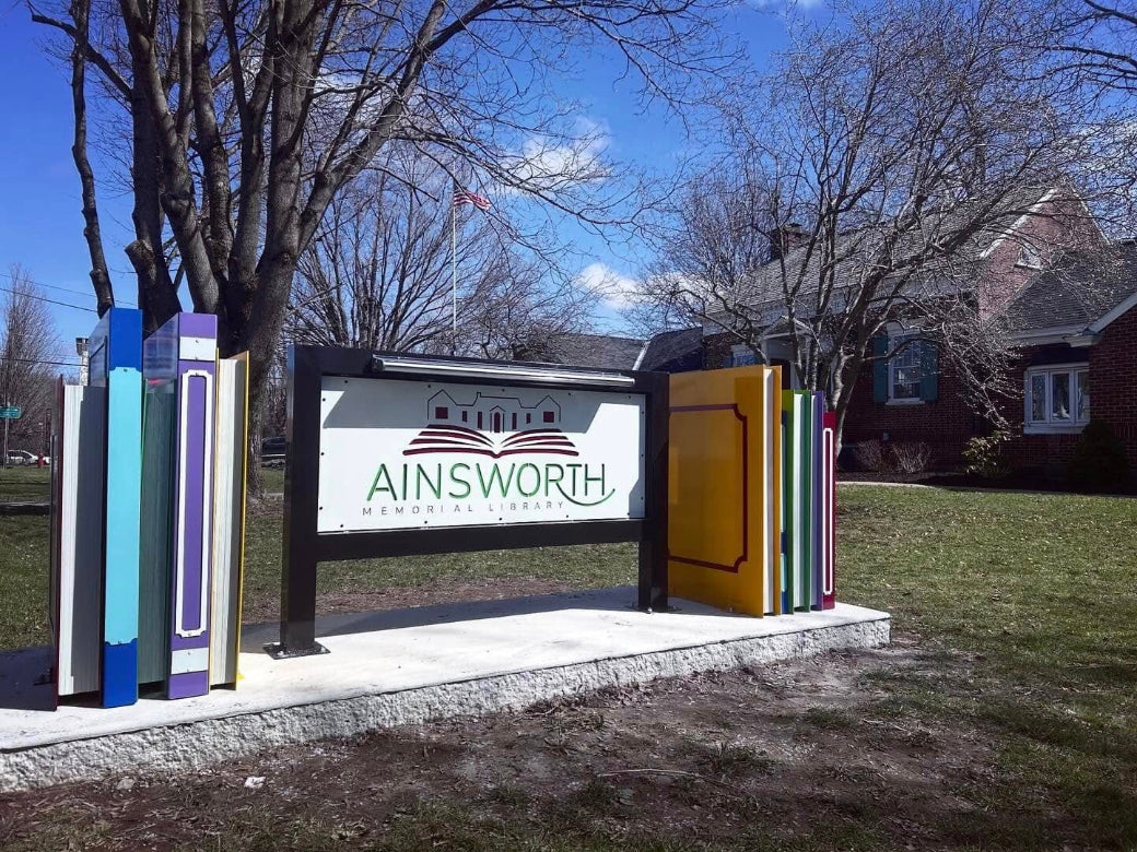 Library Sign and Book Sculptures, Unique Library Sign, Outdoor Library Sign, Aluminum Book Statues