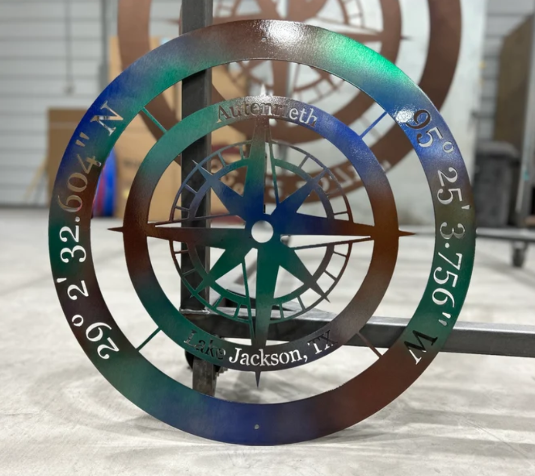 Teal Copper Patina Personalized Metal Compass, Coordinates Compass, Nautical Compass Sign, Outdoor Metal Compass