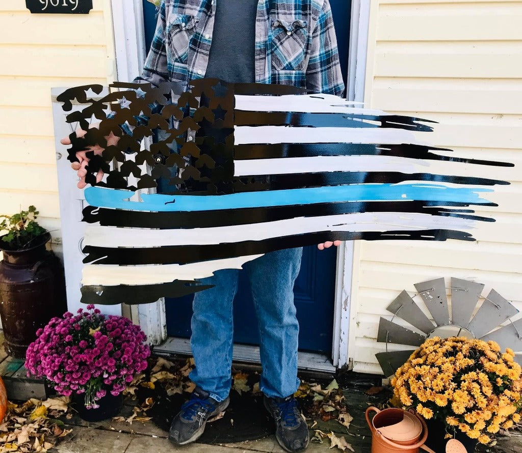 Thin Blue Line Tattered Metal Flag - American Aftermarkets Metalworks