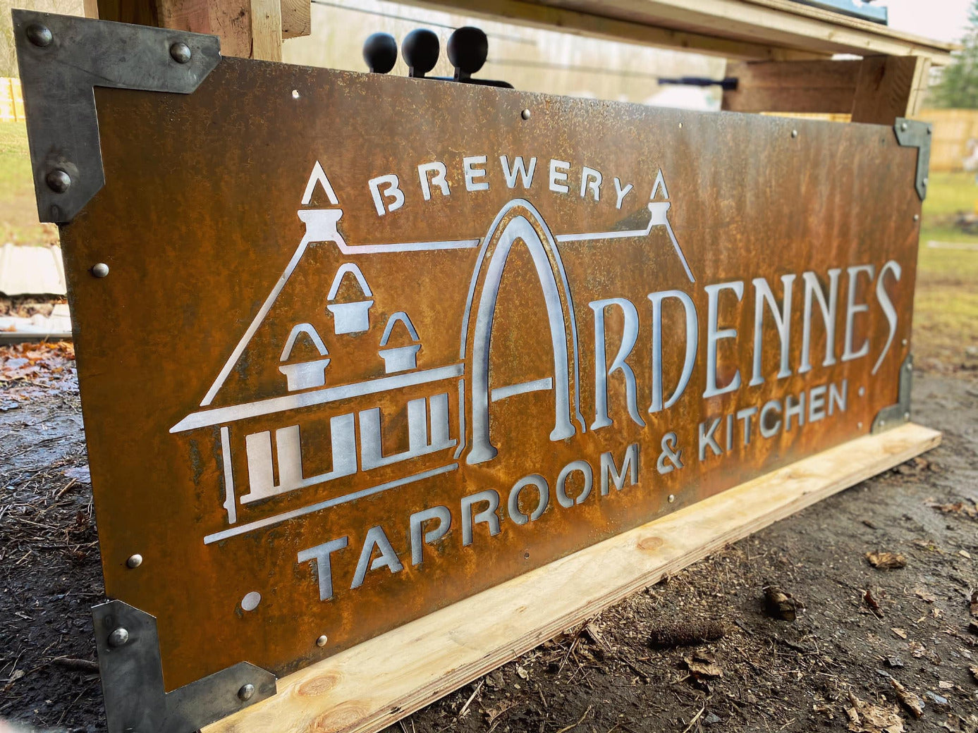 Rust Patina Metal Business Sign with Steel Decorative Corners, Your Lo ...