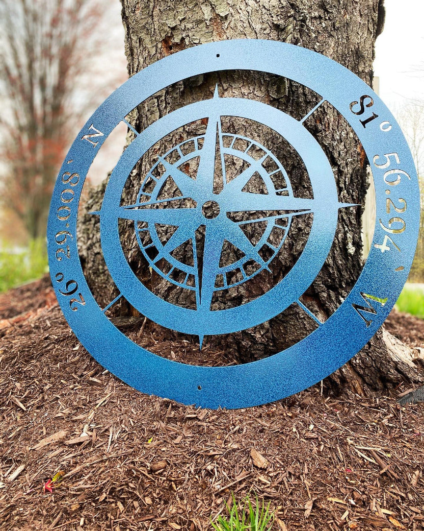 Textured Blue Personalized Metal Compass, Coordinates Compass, Nautical Compass Sign, Outdoor Metal Compass