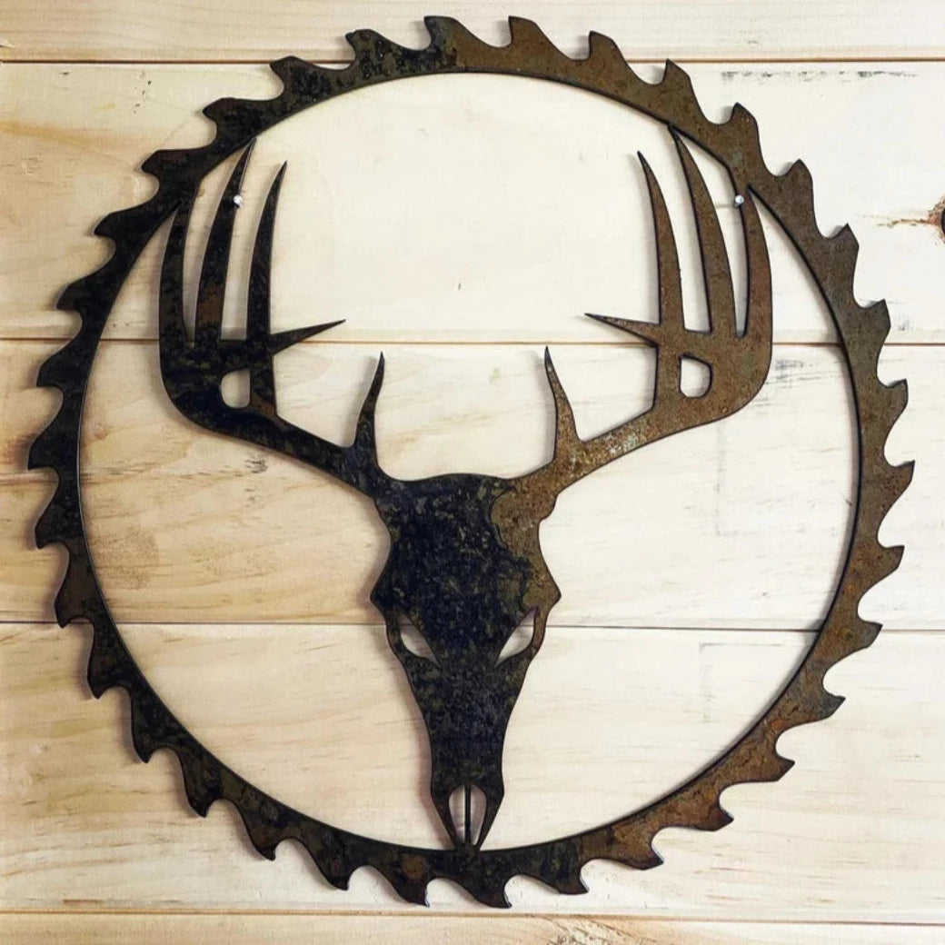 Metal Rust Patina Deer Skull Sawblade Sign