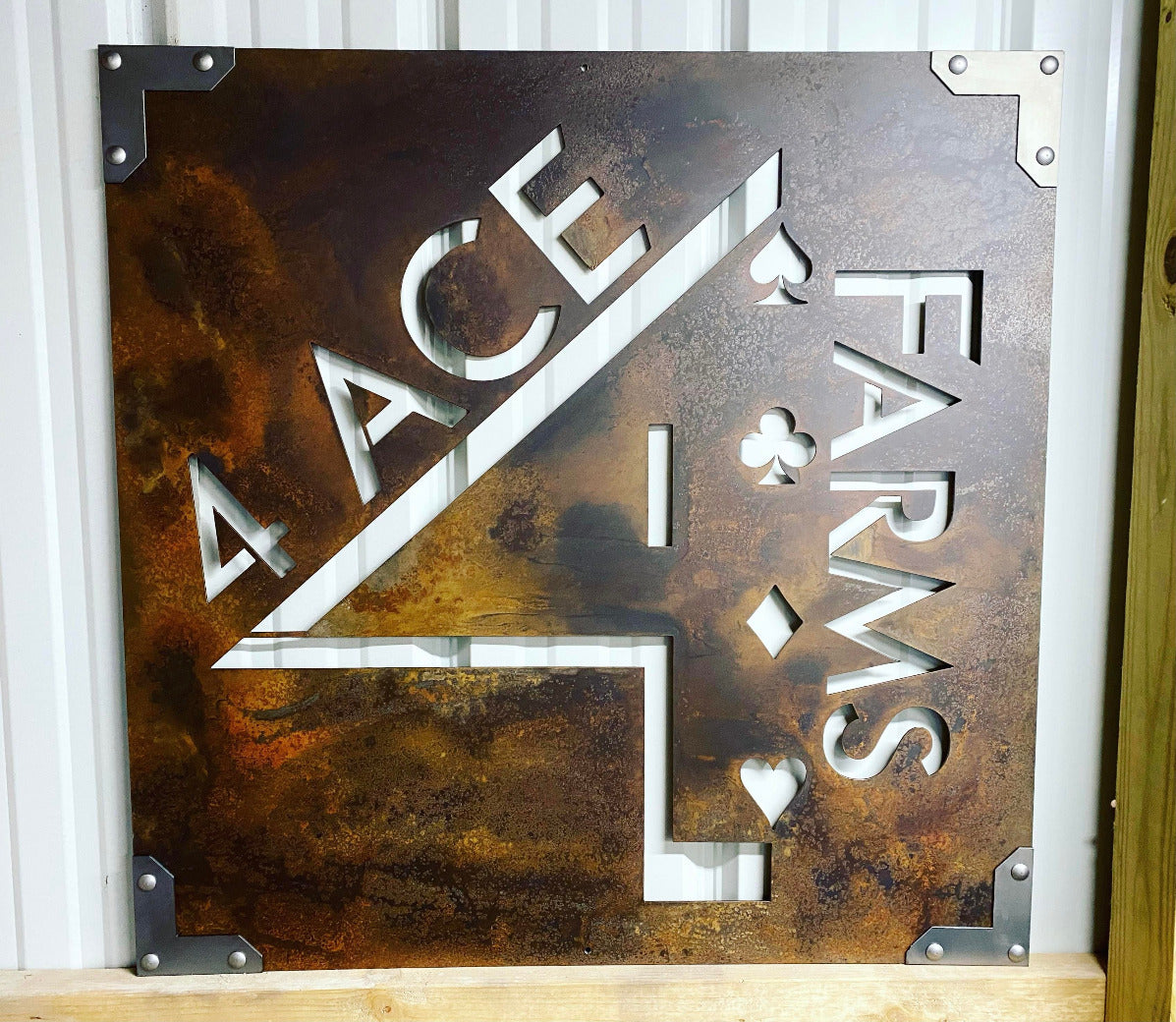 Rust Patina Metal Business Sign with Steel Decorative Corners, Your Logo