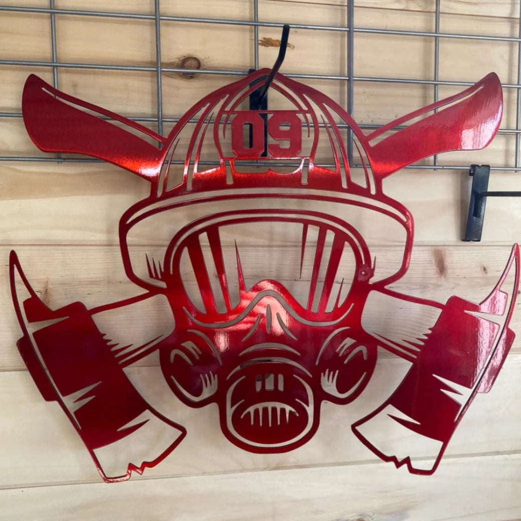 Metal Firefighter Helmet and Axe Sign, Personalized