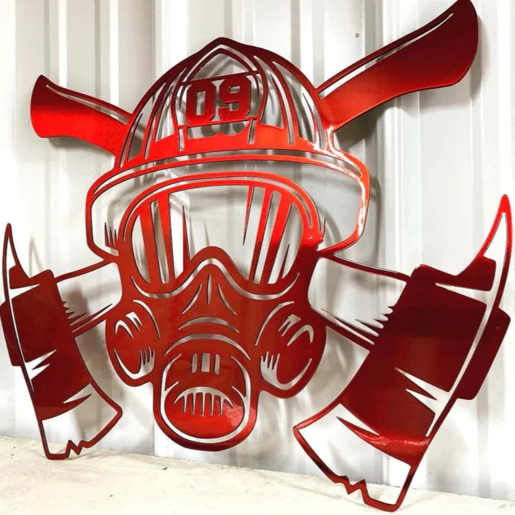 Metal Firefighter Helmet and Axe Sign, Personalized