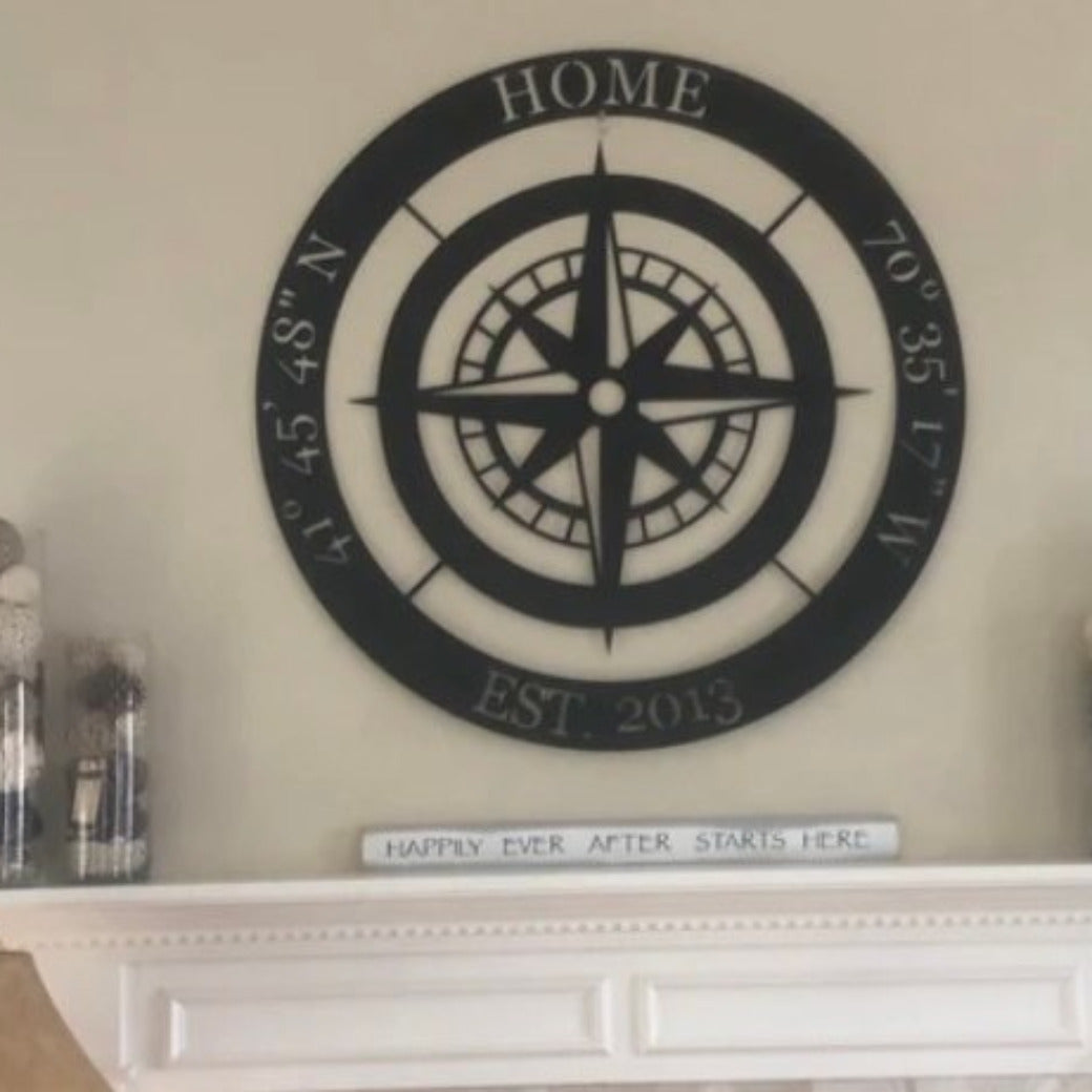 Home Decor Metal Compass with Customized Coordinates and Personalization. Mantle Decor, Wall Art