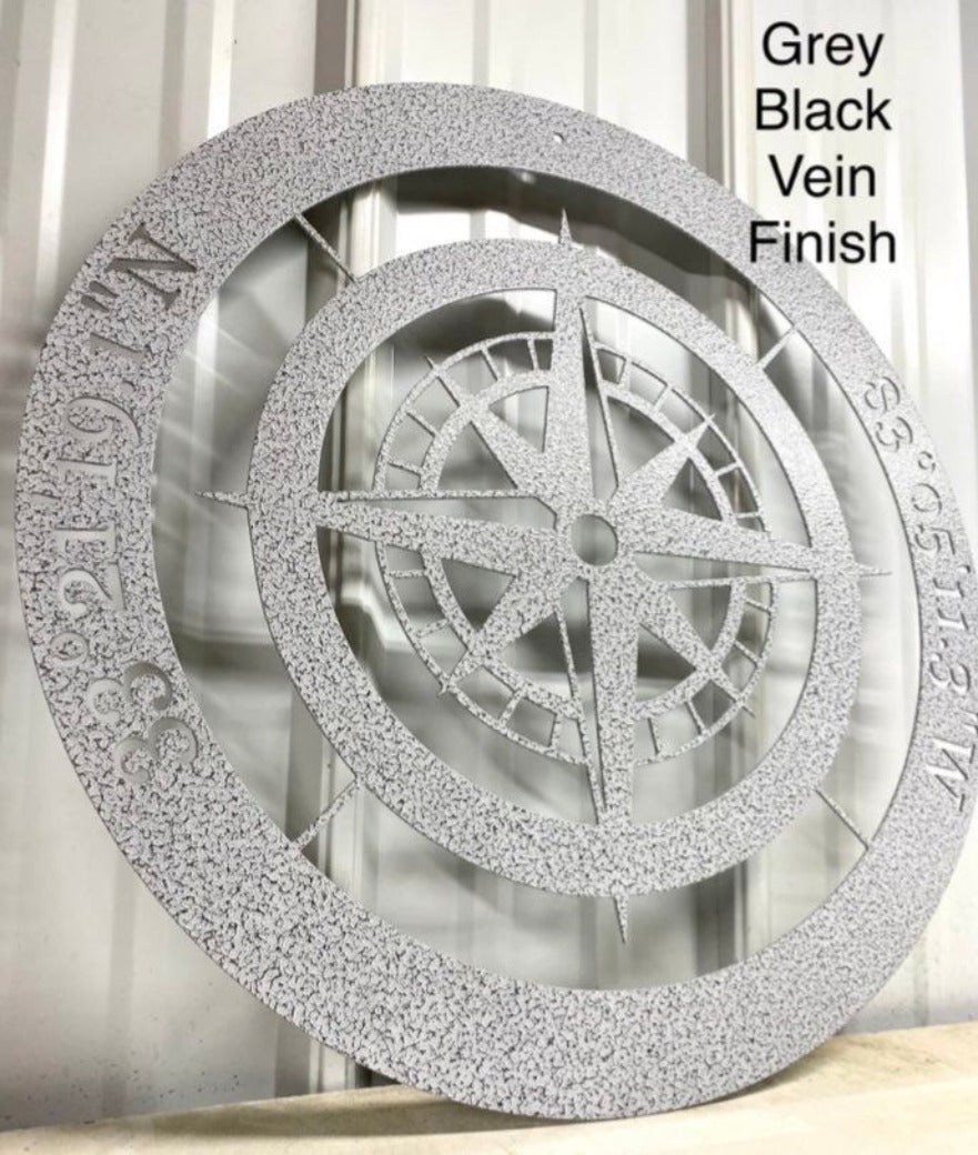Grey Black Vein Powder Coated Metal Compass with Coordinates and Personalization
