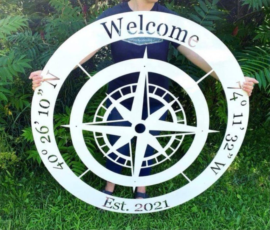 Personalized Metal Compass with Coordinates Metal Sign Metal Compass