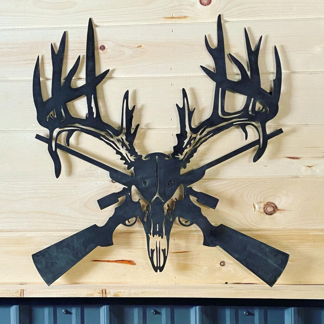 Metal Deer Skull and Gun Sign