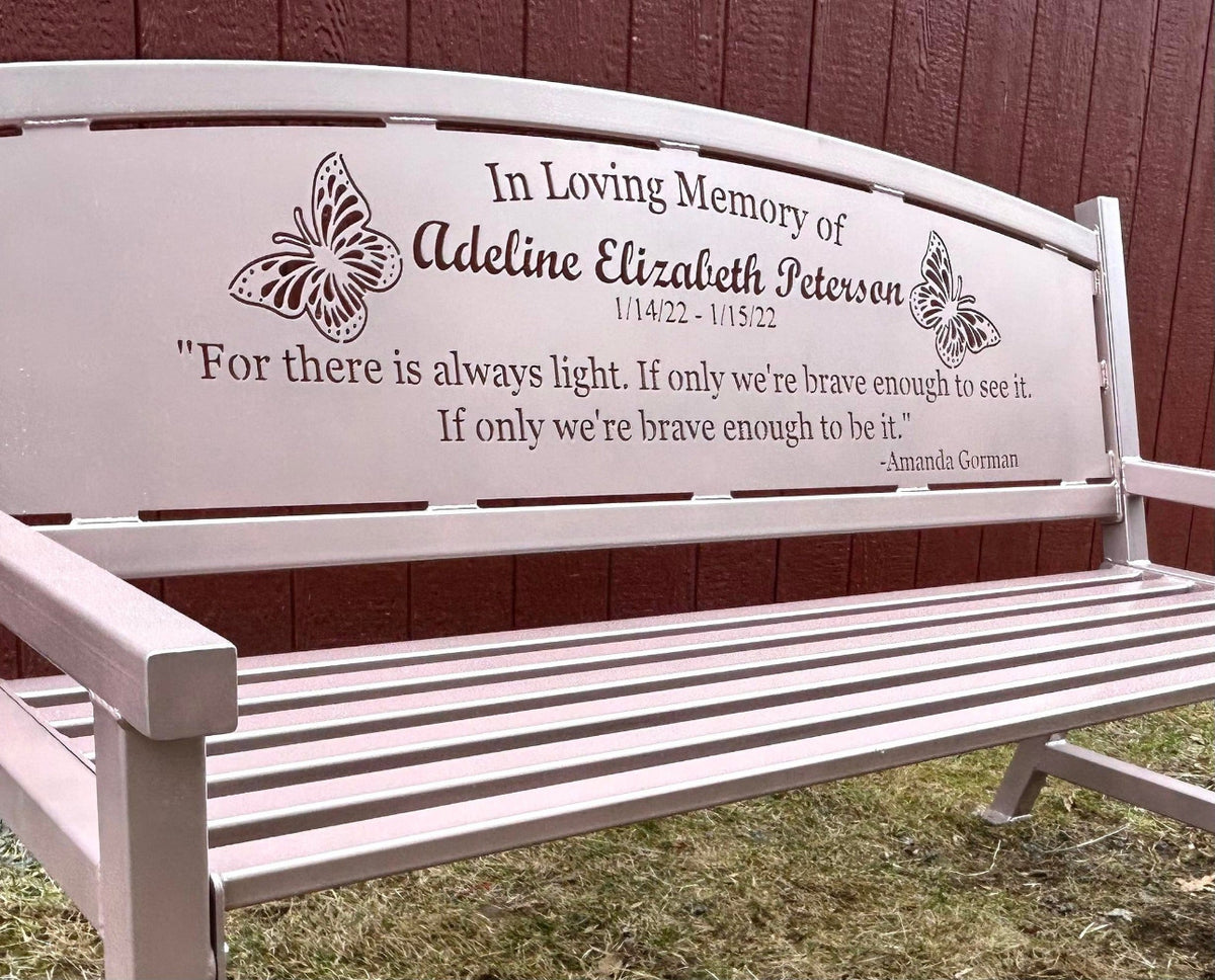 Custom memorial bench - Steel tribute bench - Engraved memorial seating - Personalized remembrance bench - Durable steel bench for memorials - Customizable bench for tribute - Outdoor memorial seating