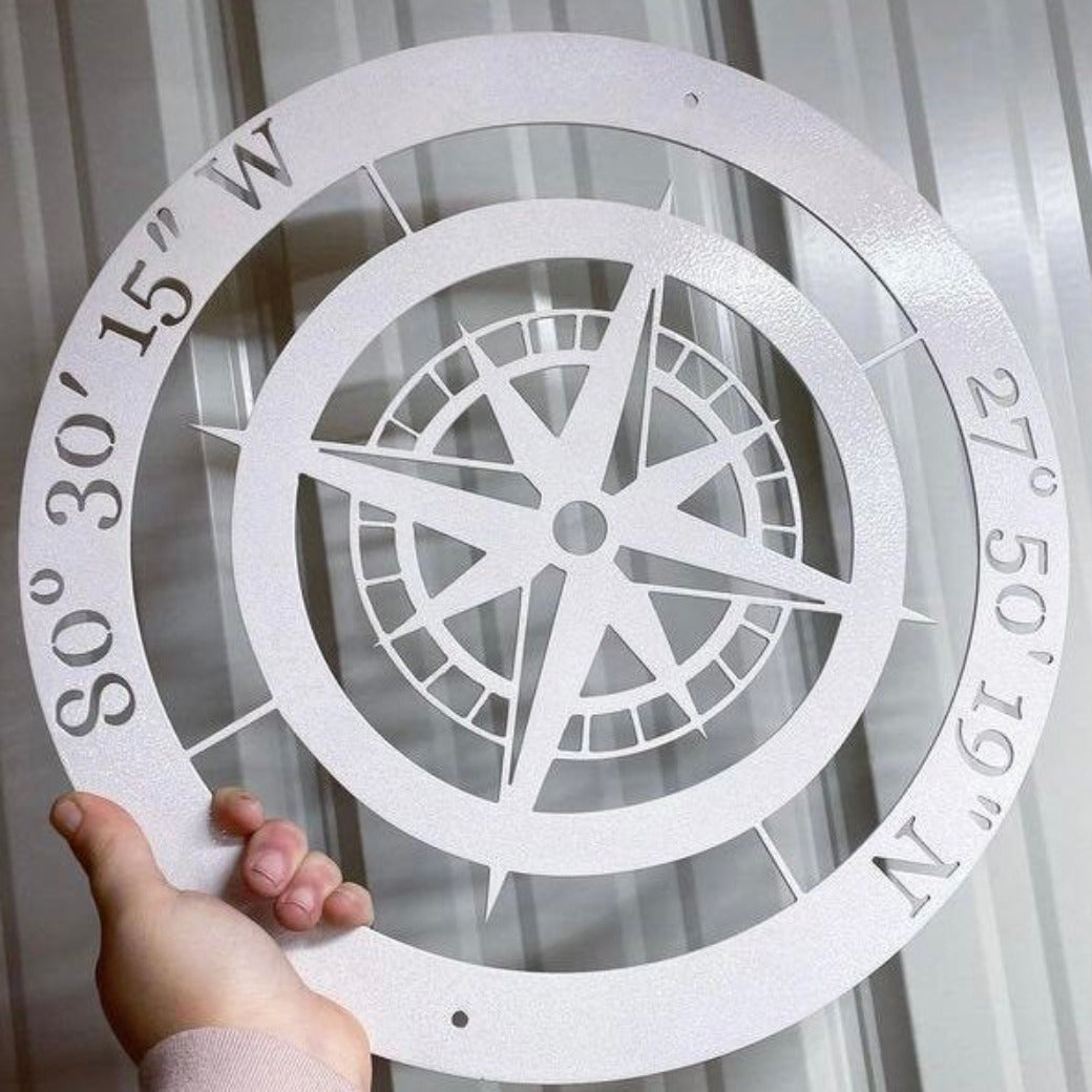 20&quot; White Metal Compass, Personalized Gift, Custom Coordinate Sign