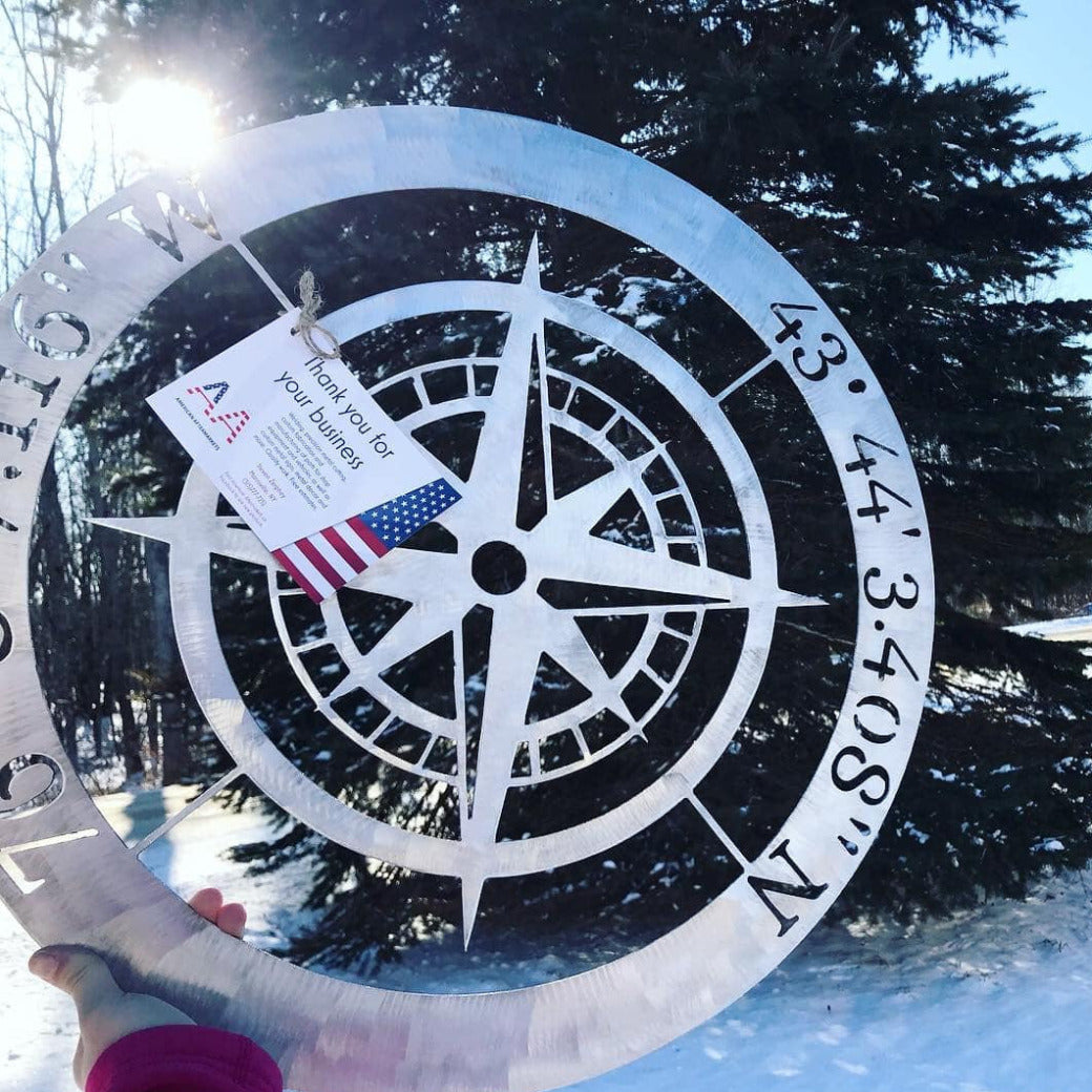 Aluminum Personalized Compass, Coordinates Compass, Nautical Compass Sign, Outdoor Metal Compass