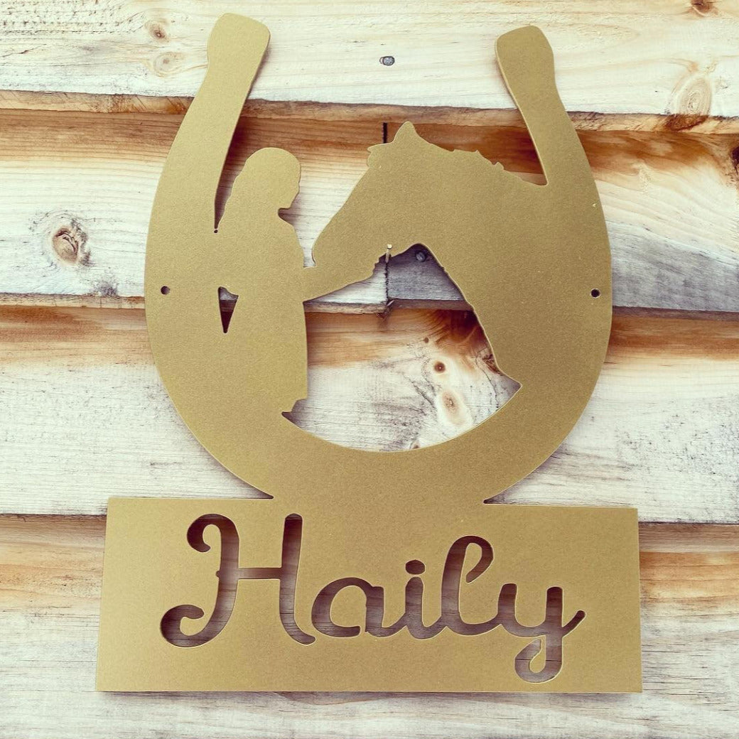 Personalized Metal Horse and Little Girl Sign - Little Girl Horse Sign - Name and Horse Metal Sign - Girl's Horse Themed Room Decor