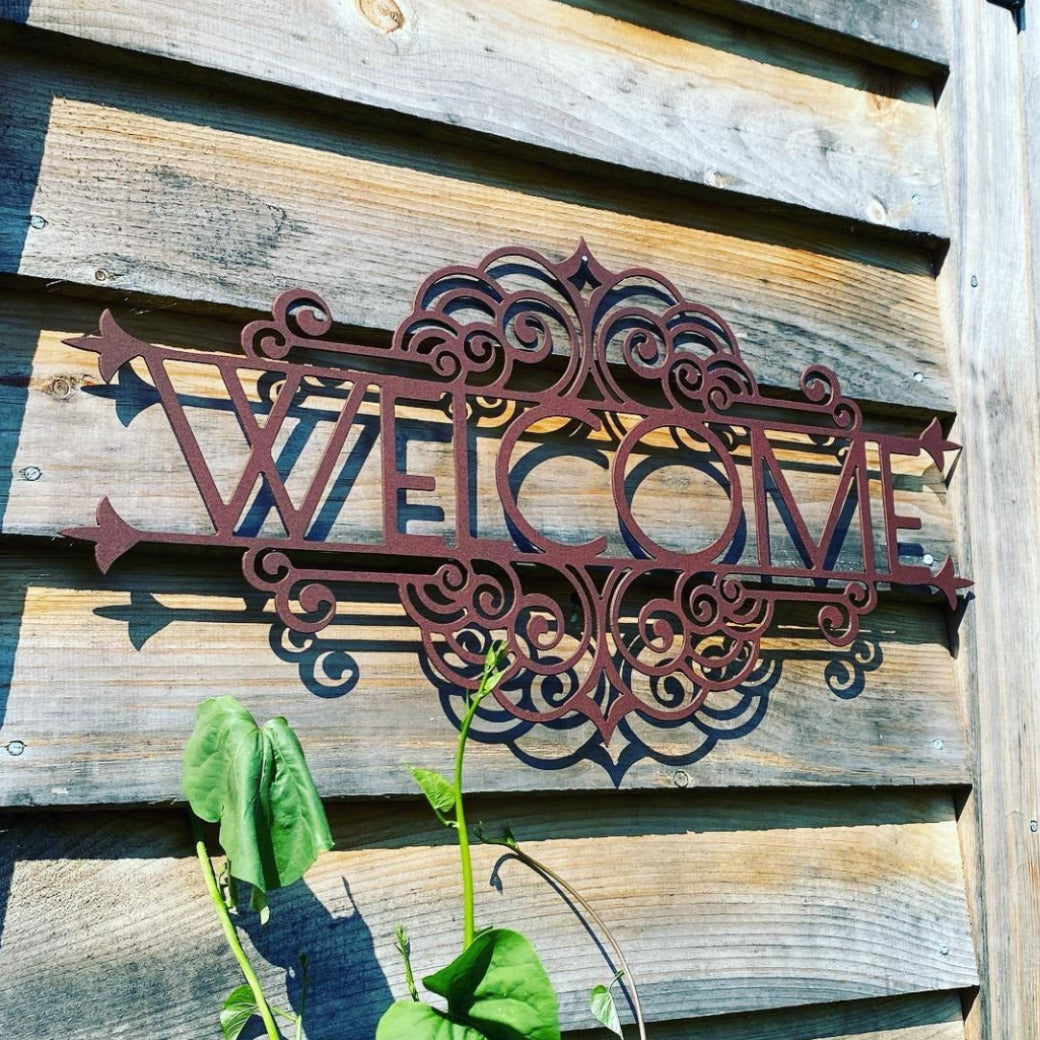 Metal Welcome Sign With Scroll Design - Exterior &amp; Interior Welcome Sign - Welcome Sign - Outdoor Welcome Sign - Front Porch Sign - Welcome