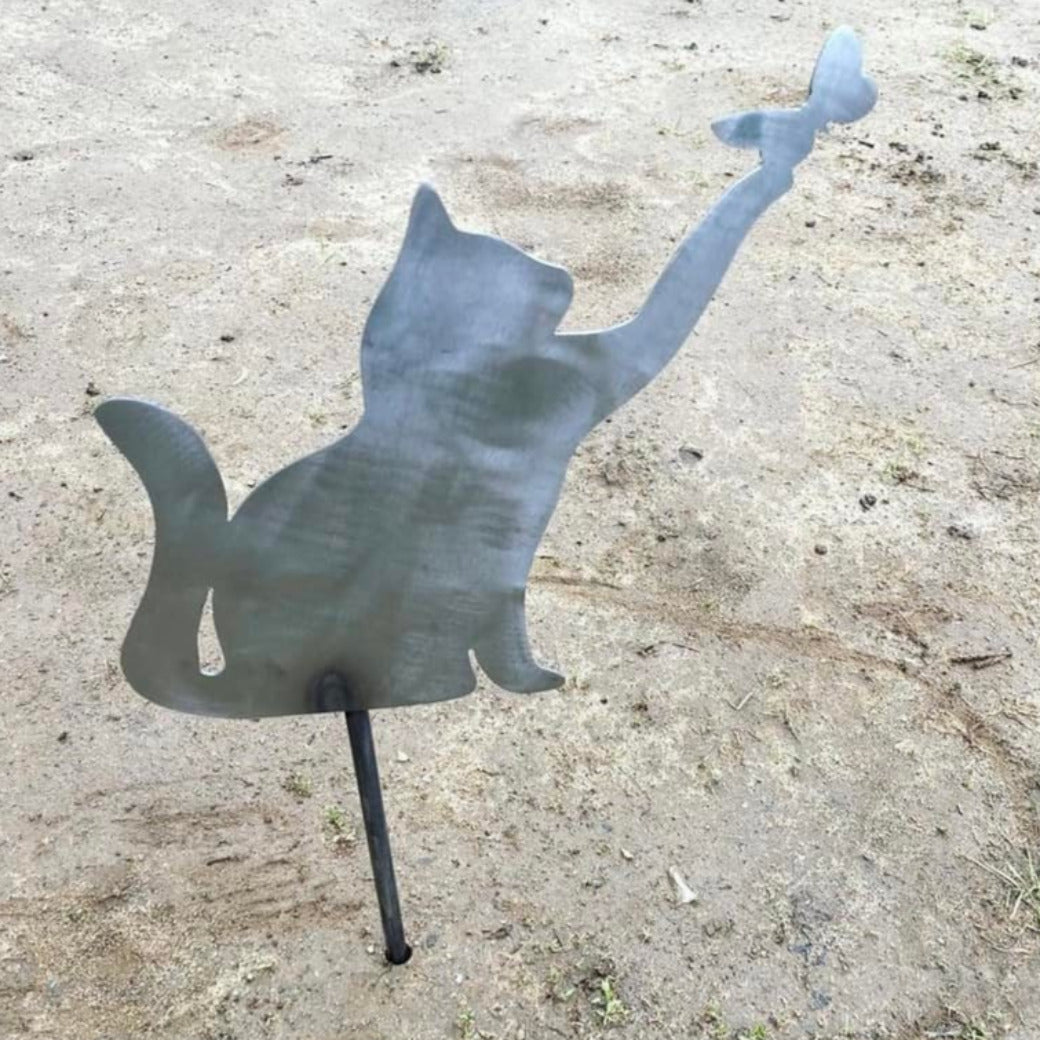 Metal Cat Stake - Metal Cat Garden Stake - Cat and Butterfly Garden Stake - Rusty Garden Decor - Flower Bed Decor - Mother&#39;s Day Gift