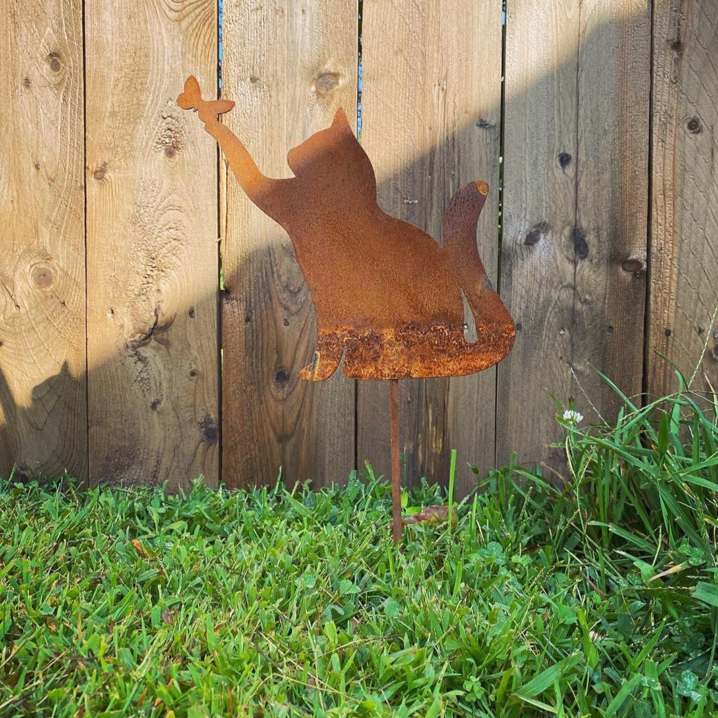 Metal Cat Stake - Metal Cat Garden Stake - Cat and Butterfly Garden Stake - Rusty Garden Decor - Flower Bed Decor - Mother's Day Gift