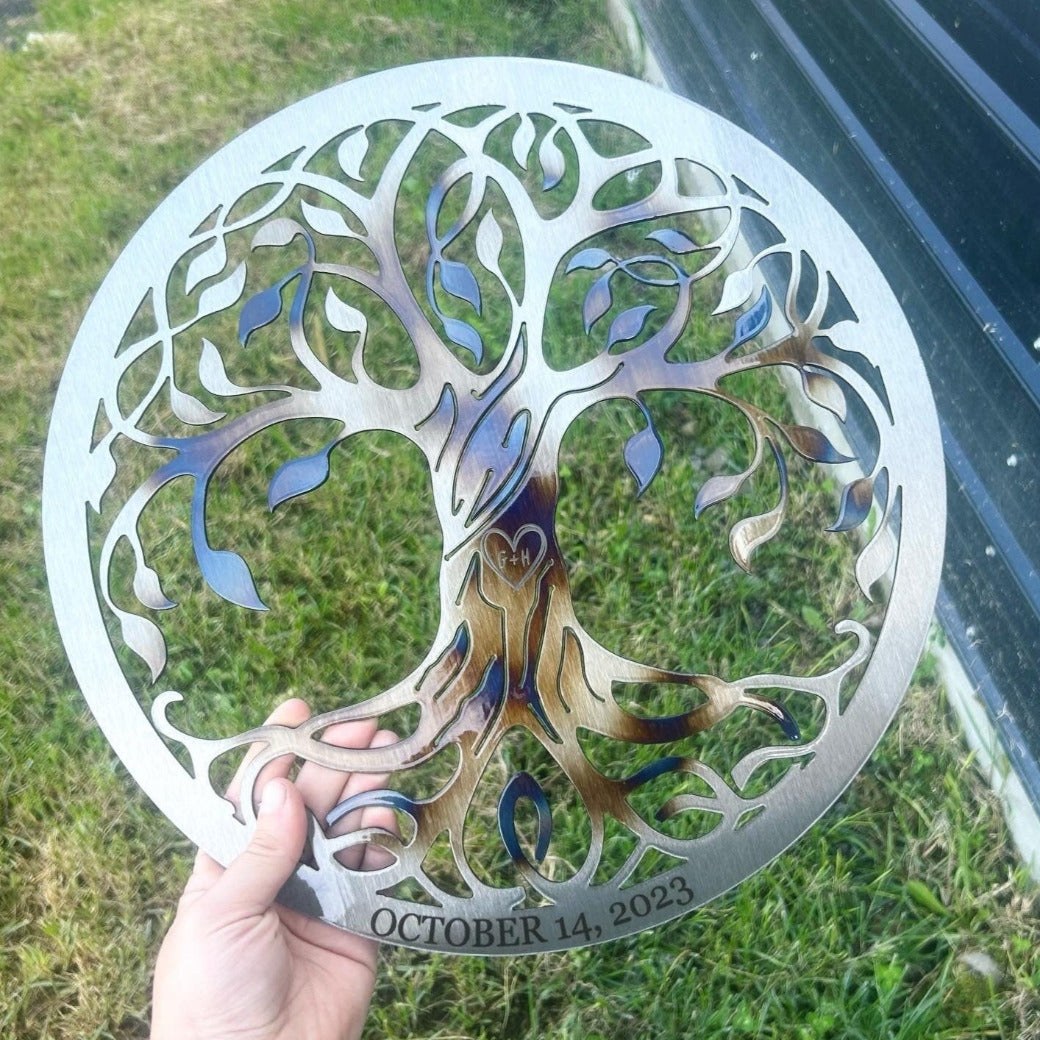 Personalized Tree of Life - Carved Initial Tree Decor - 11th Anniversary Gift - Steel Anniversary - Custom Wedding Gift - Family Wall Decor