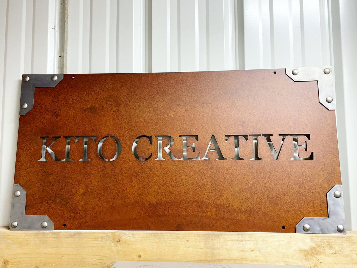 Rust Patina Metal Business Sign with Steel Decorative Corners, Your Logo
